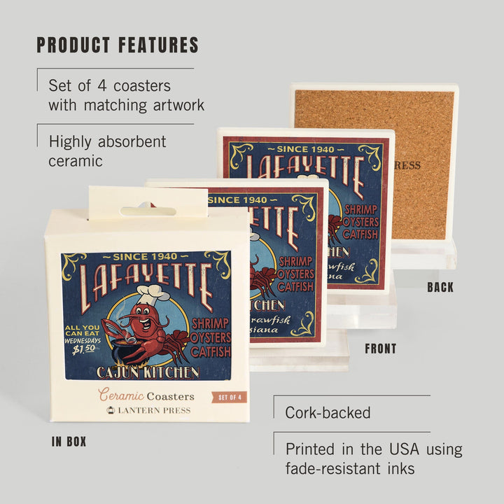 Lafayette, Louisiana, Cajun Kitchen Vintage Sign, Coasters Coasters Lantern Press 