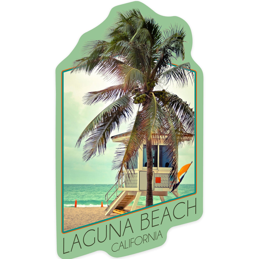 Laguna Beach, California, Lifeguard Shack and Palm, Photography, Contour, Vinyl Sticker - Lantern Press