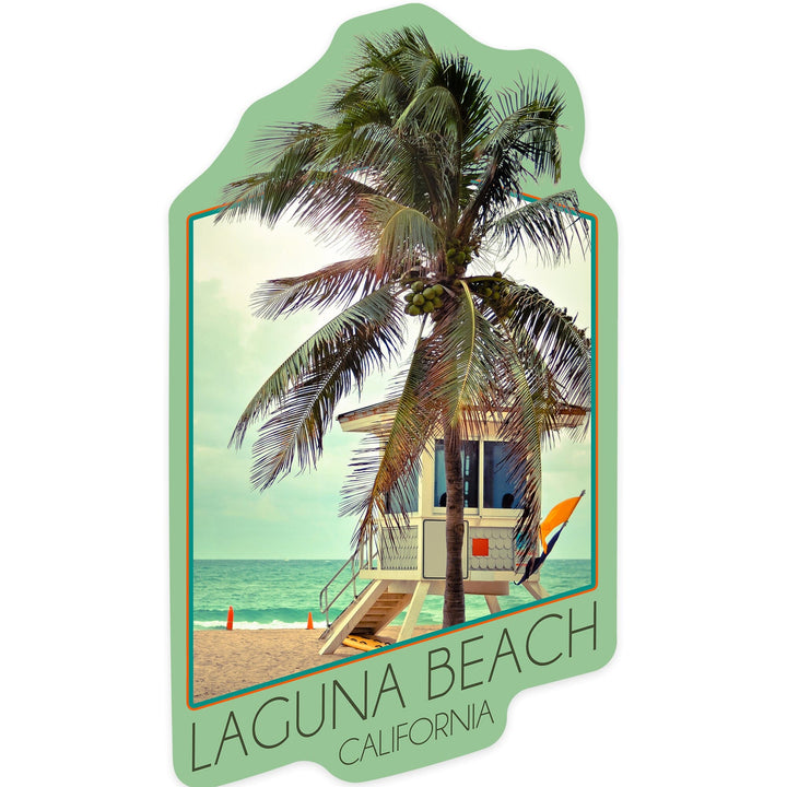 Laguna Beach, California, Lifeguard Shack and Palm, Photography, Contour, Vinyl Sticker - Lantern Press