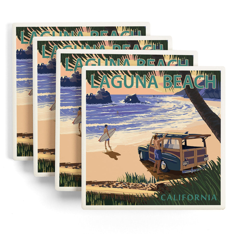 Laguna Beach, California, Woody on the Beach w/ Palm, Lantern Press Poster, Coaster Set - Lantern Press