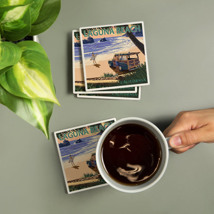 Laguna Beach, California, Woody on the Beach w/ Palm, Lantern Press Poster, Coaster Set - Lantern Press