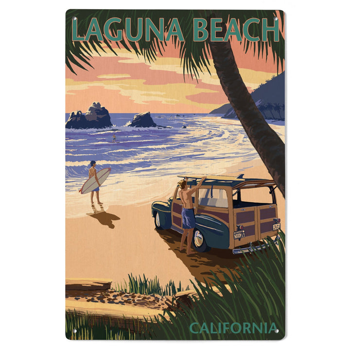 Laguna Beach, California, Woody on the Beach w/ Palm, Lantern Press Poster, Wood Signs and Postcards Wood Lantern Press 