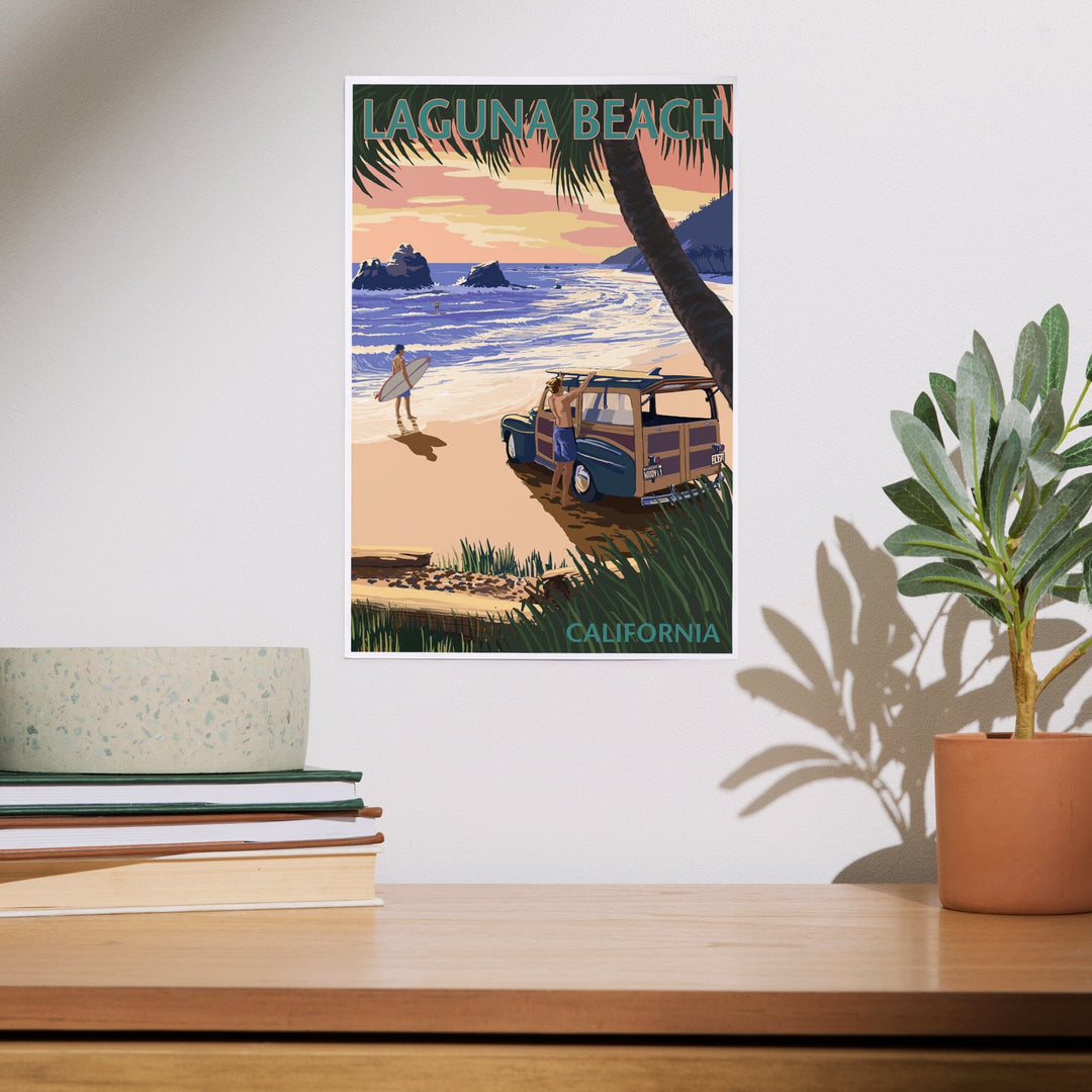 Laguna Beach, California, Woody on the Beach with Palm, Art & Giclee Prints - Lantern Press