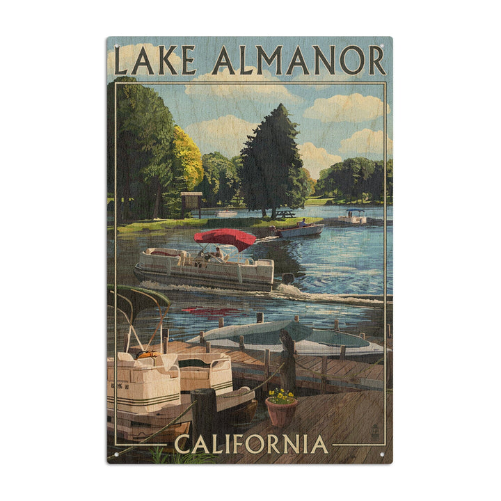 Lake Almanor, California, Pontoon Boats, Lantern Press Poster, Wood Signs and Postcards Wood Lantern Press 10 x 15 Wood Sign 
