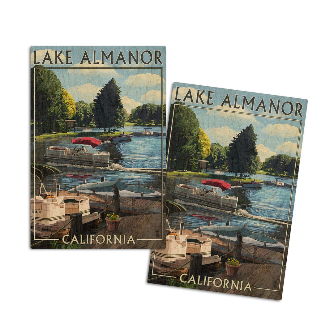 Lake Almanor, California, Pontoon Boats, Lantern Press Poster, Wood Signs and Postcards Wood Lantern Press 4x6 Wood Postcard Set 