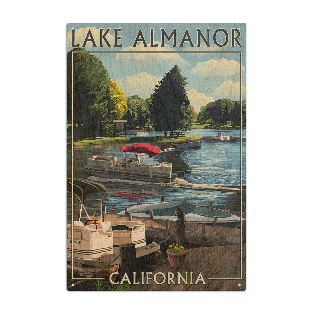 Lake Almanor, California, Pontoon Boats, Lantern Press Poster, Wood Signs and Postcards Wood Lantern Press 6x9 Wood Sign 