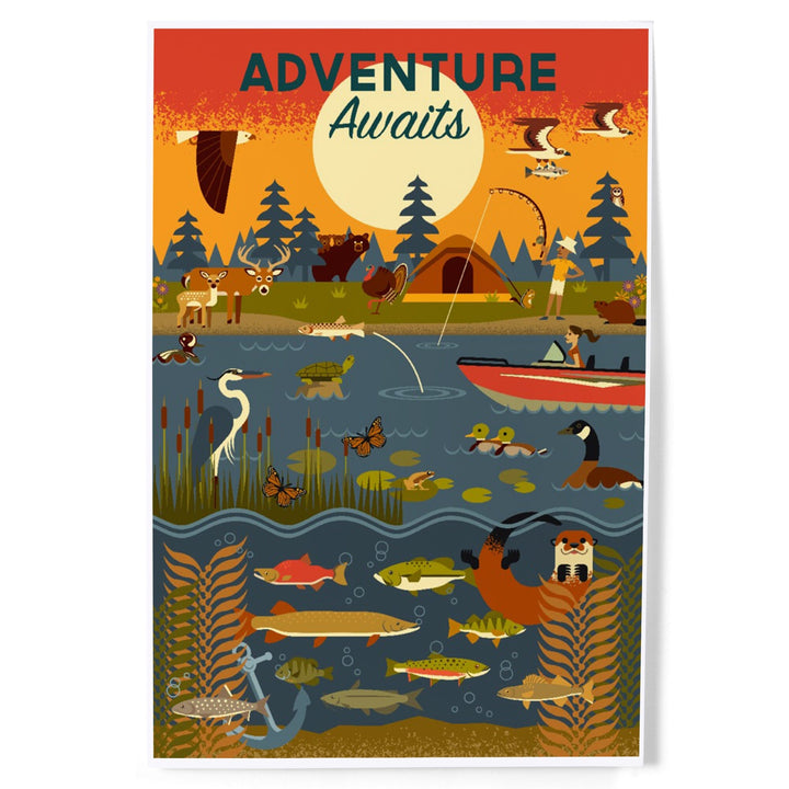Lake and River, Geometric, Adventure Awaits, Art & Giclee Prints Art Lantern Press 12 x 18 Art Print 