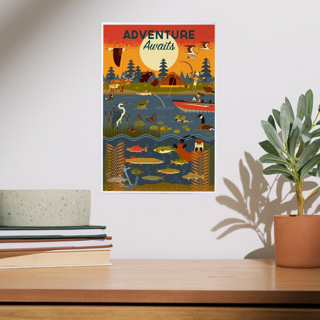 Lake and River, Geometric, Adventure Awaits, Art & Giclee Prints Art Lantern Press 