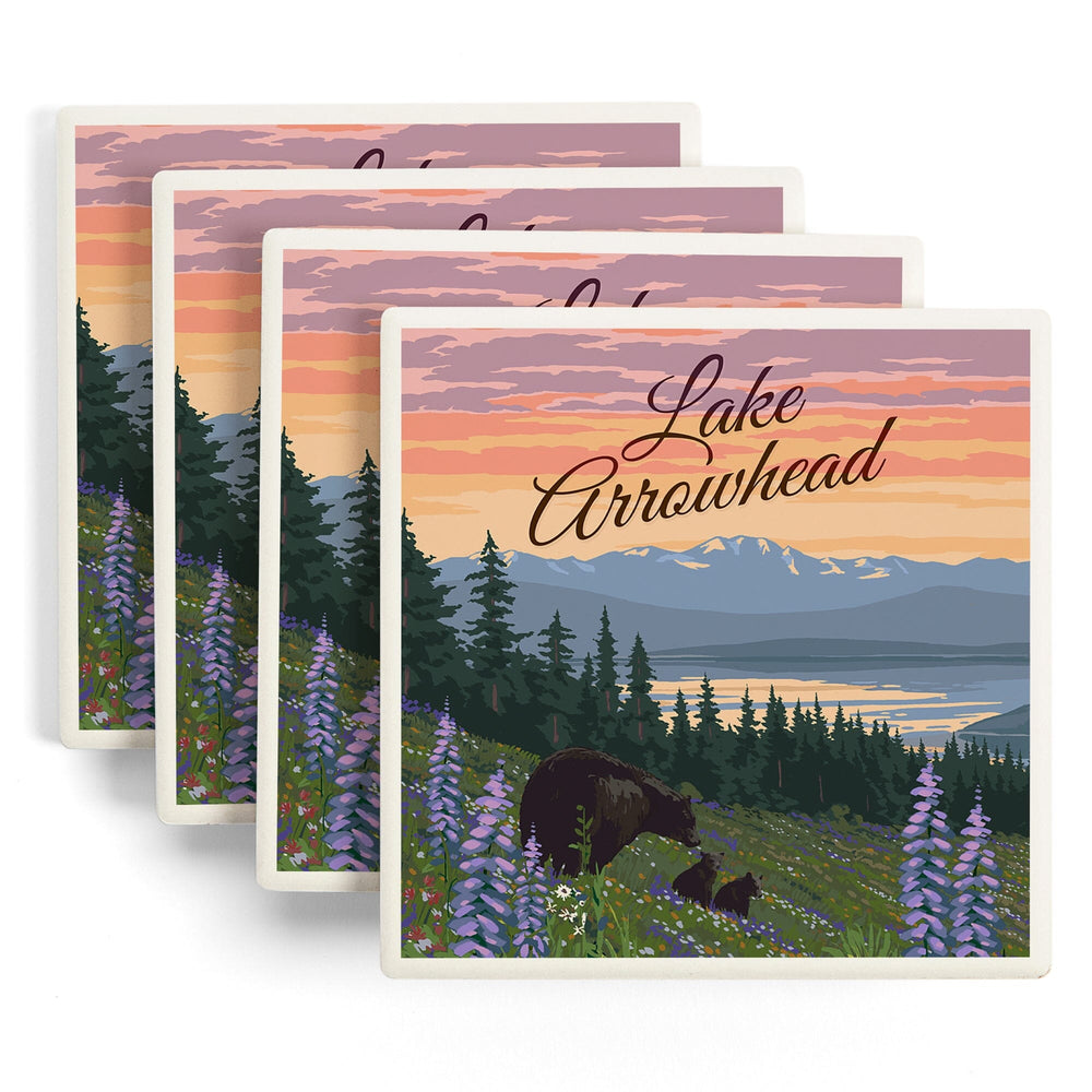 Lake Arrowhead, California, Black Bear and Cubs with Flowers, Coasters Coasters Lantern Press 
