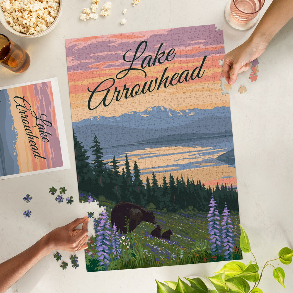 Lake Arrowhead, California, Black Bear and Cubs with Flowers, Jigsaw Puzzle Puzzle Lantern Press 