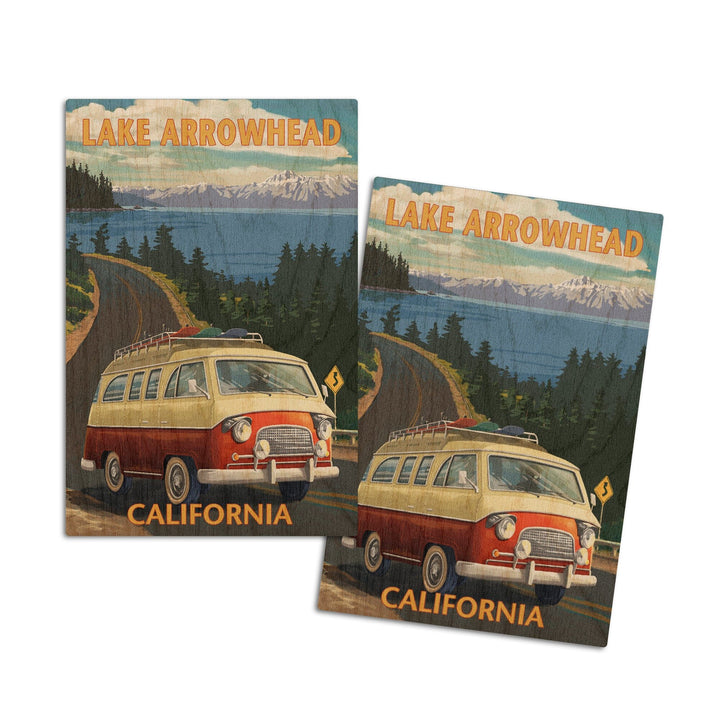 Lake Arrowhead, California, Camper Van, Lantern Press Artwork, Wood Signs and Postcards Wood Lantern Press 4x6 Wood Postcard Set 