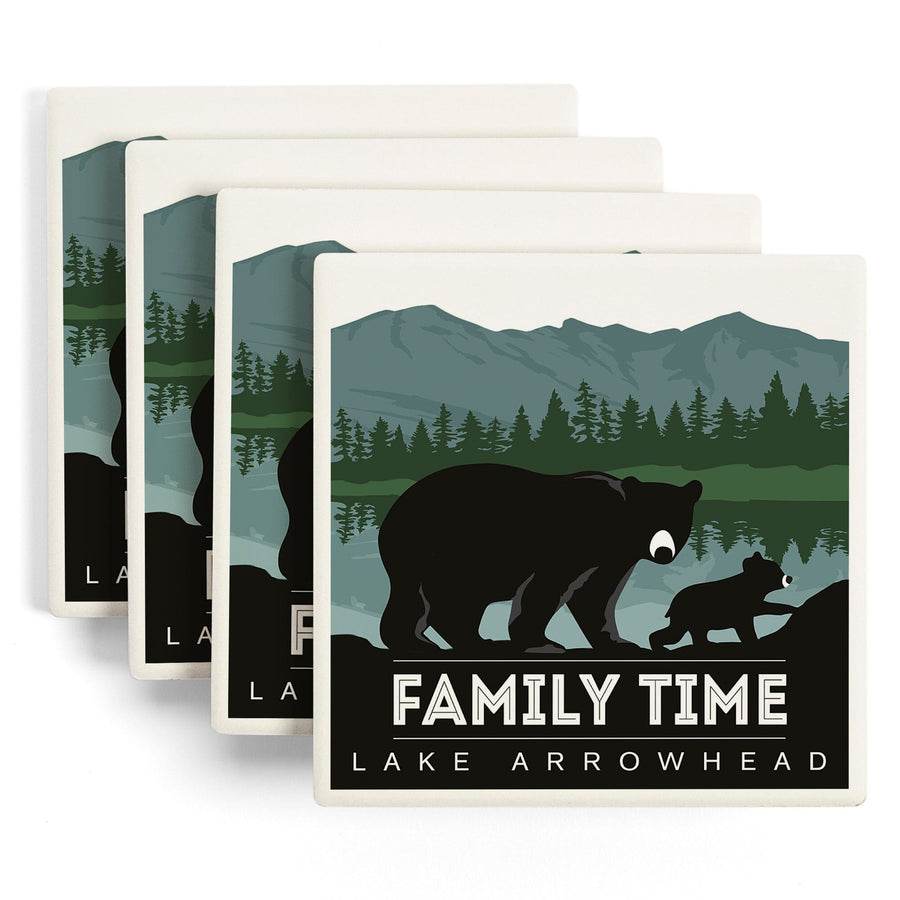 Lake Arrowhead, California, Family Time, Black Bear & Cub, Lantern Press Artwork, Coaster Set - Lantern Press