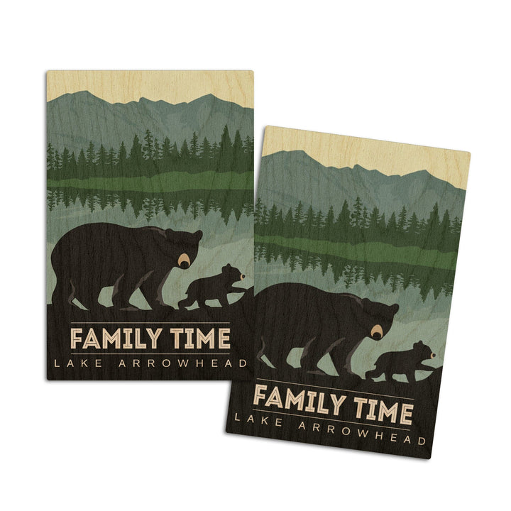 Lake Arrowhead, California, Family Time, Black Bear & Cub, Lantern Press Artwork, Wood Signs and Postcards Wood Lantern Press 4x6 Wood Postcard Set 