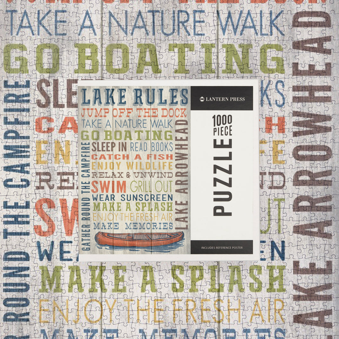 Lake Arrowhead, California, Lake Rules, Rustic Typography, Jigsaw Puzzle Puzzle Lantern Press 