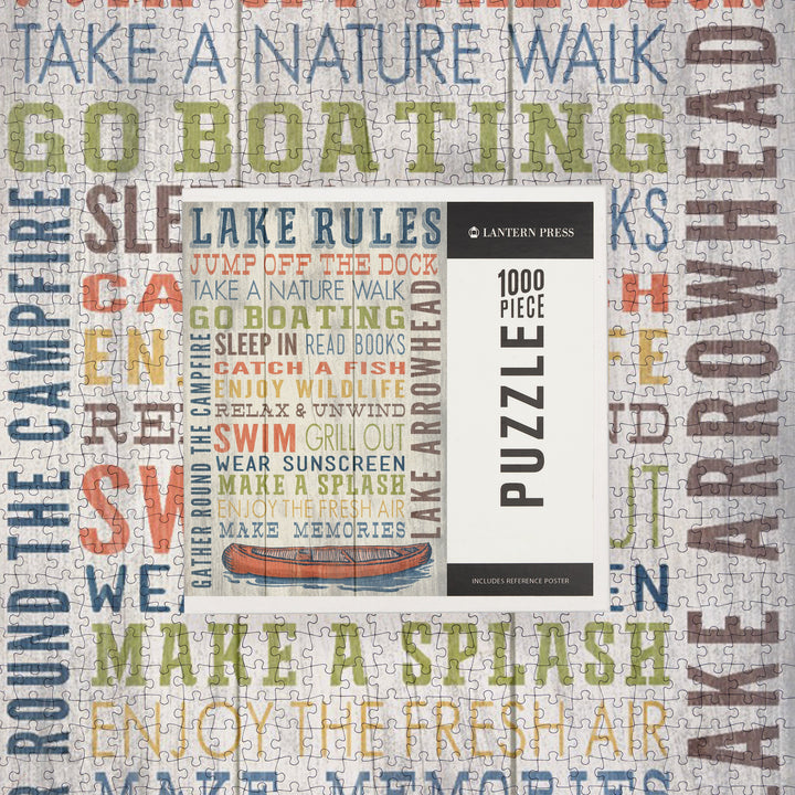 Lake Arrowhead, California, Lake Rules, Rustic Typography, Jigsaw Puzzle Puzzle Lantern Press 