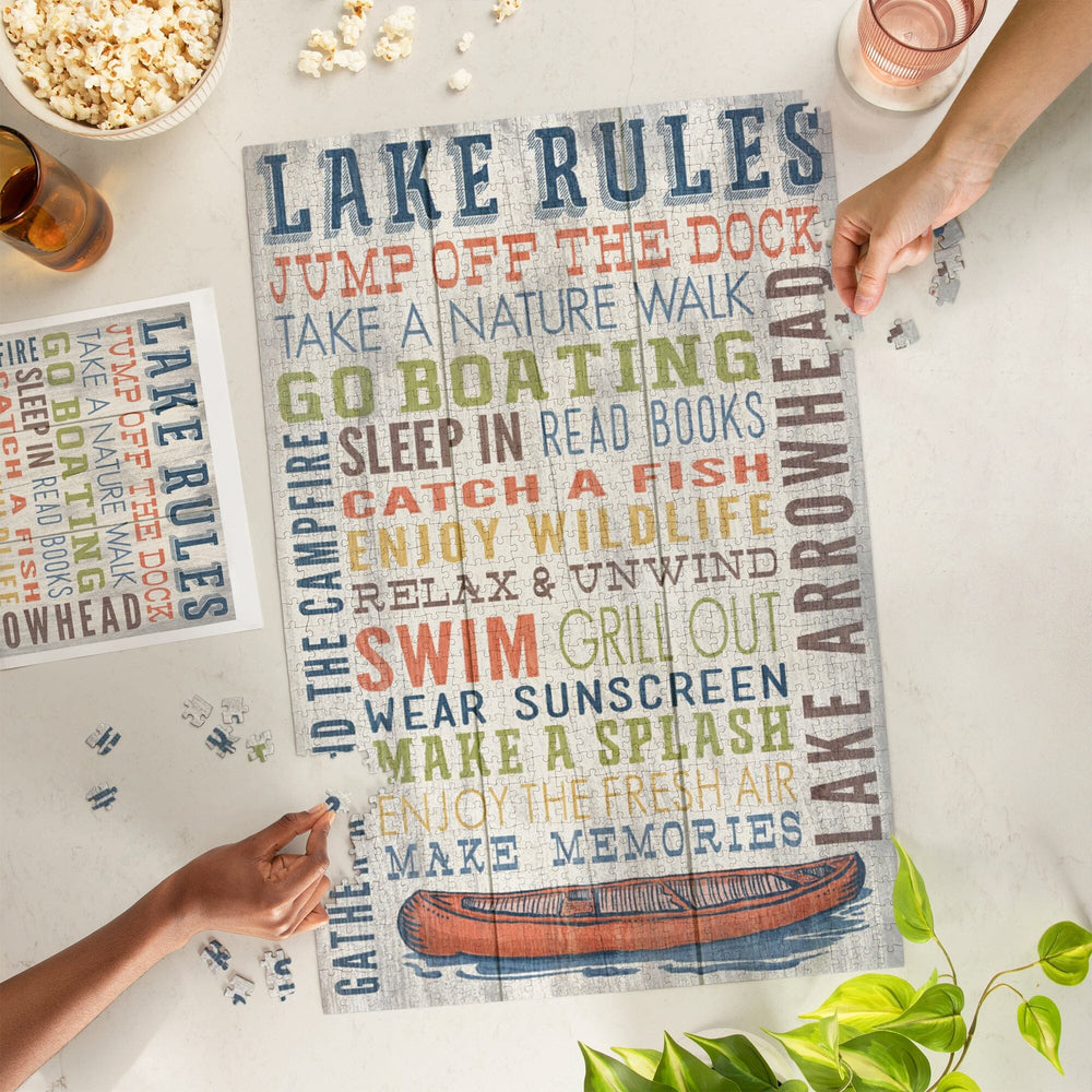 Lake Arrowhead, California, Lake Rules, Rustic Typography, Jigsaw Puzzle Puzzle Lantern Press 