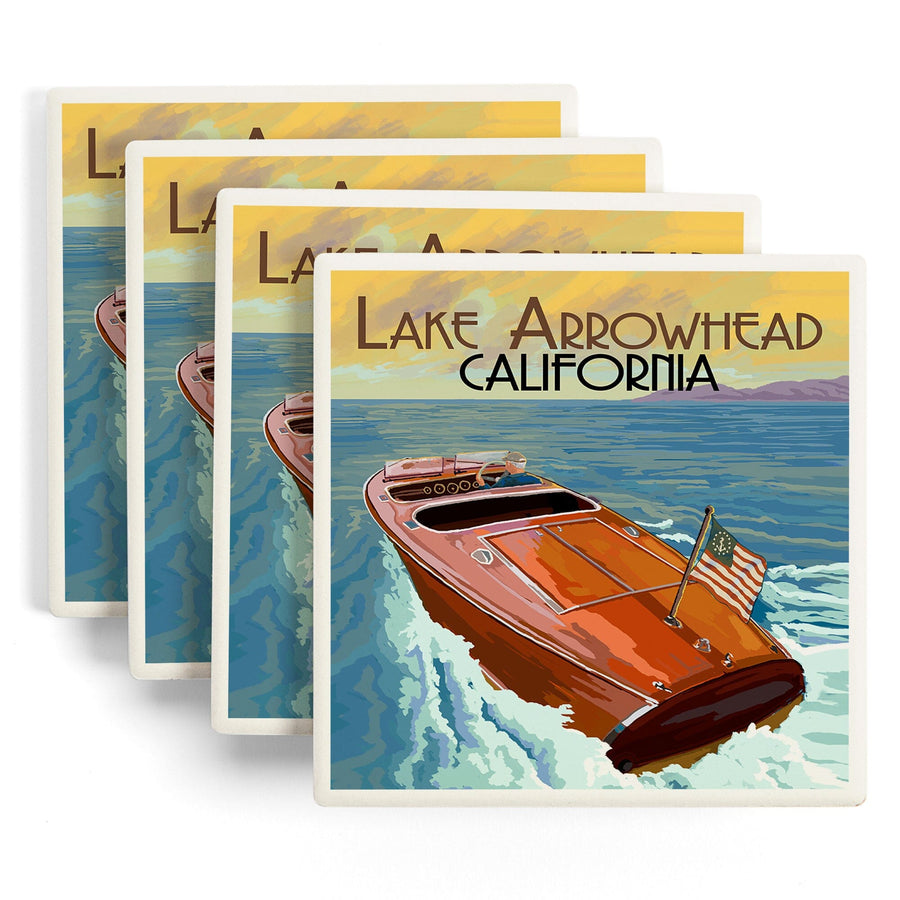 Lake Arrowhead, California, Wooden Boat, Lantern Press Artwork, Coaster Set - Lantern Press