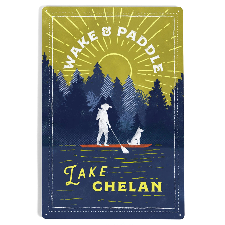 Lake Chelan, Washington, Lake Life Series, Wake and Paddle Landscape With Trees, Metal Signs Metal Lantern Press 