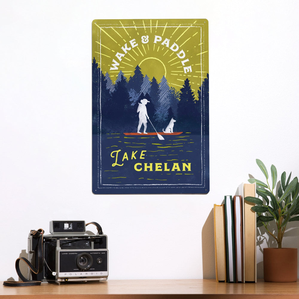Lake Chelan, Washington, Lake Life Series, Wake and Paddle Landscape With Trees, Metal Signs Metal Lantern Press 