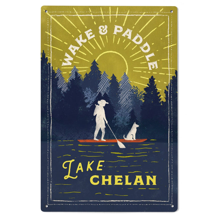 Lake Chelan, Washington, Lake Life Series, Wake and Paddle Landscape With Trees, Wood Signs and Postcards Wood Lantern Press 