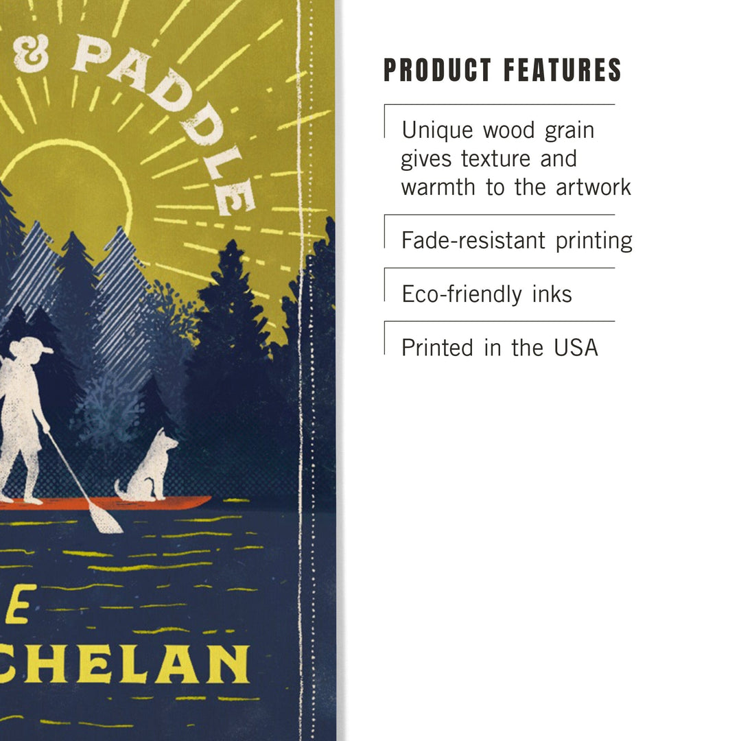 Lake Chelan, Washington, Lake Life Series, Wake and Paddle Landscape With Trees, Wood Signs and Postcards Wood Lantern Press 