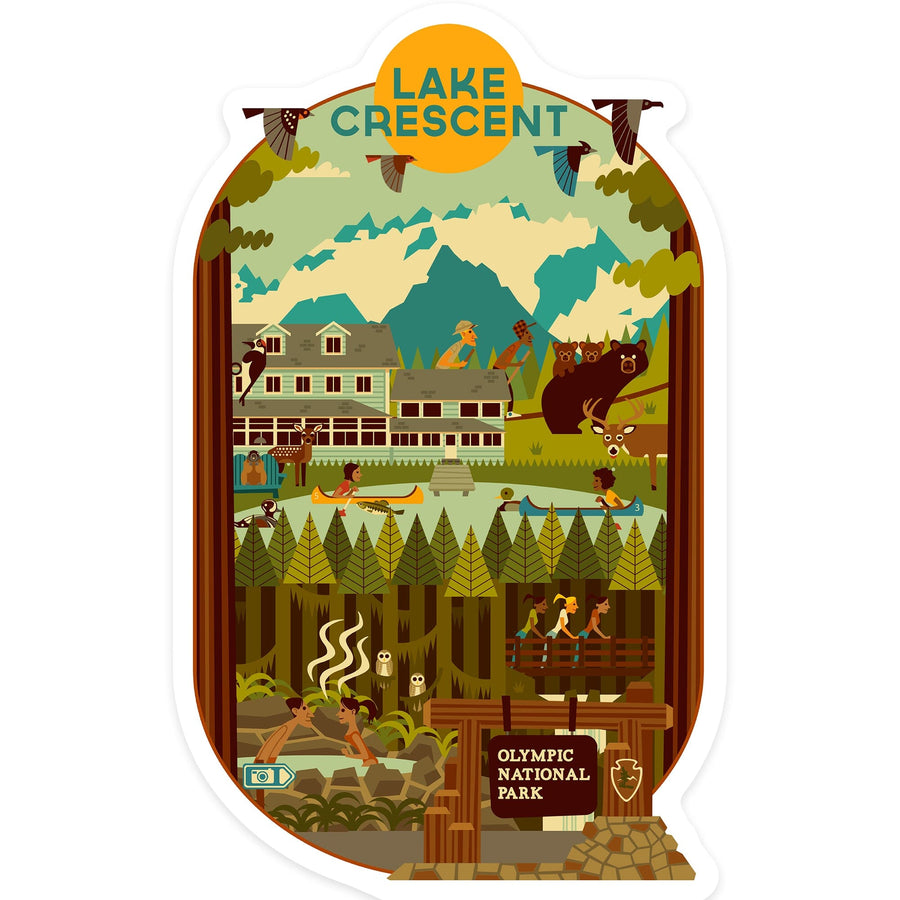 Lake Crescent, Olympic National Park, Washington, Geometric National Park Series, Contour, Lantern Press Artwork, Vinyl Sticker Sticker Lantern Press 