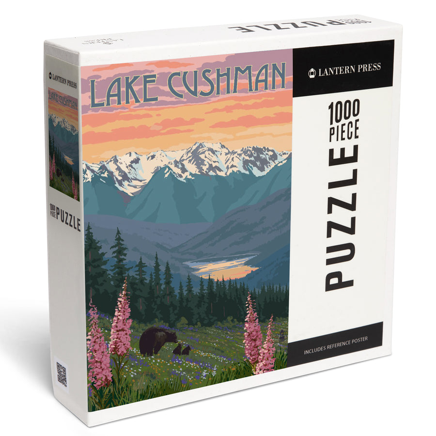 Lake Cushman, Washington, Bear and Spring Flowers, Jigsaw Puzzle Puzzle Lantern Press 