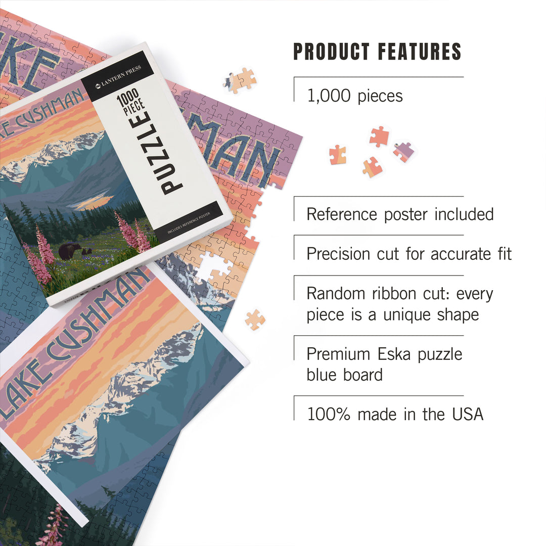 Lake Cushman, Washington, Bear and Spring Flowers, Jigsaw Puzzle Puzzle Lantern Press 