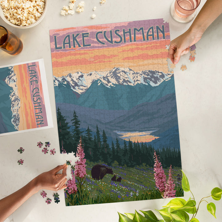 Lake Cushman, Washington, Bear and Spring Flowers, Jigsaw Puzzle Puzzle Lantern Press 