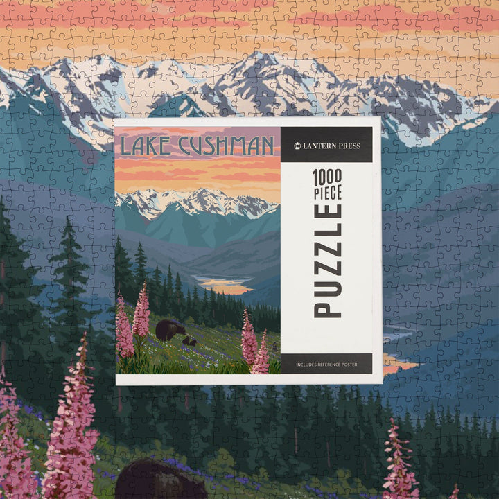 Lake Cushman, Washington, Bear and Spring Flowers, Jigsaw Puzzle Puzzle Lantern Press 