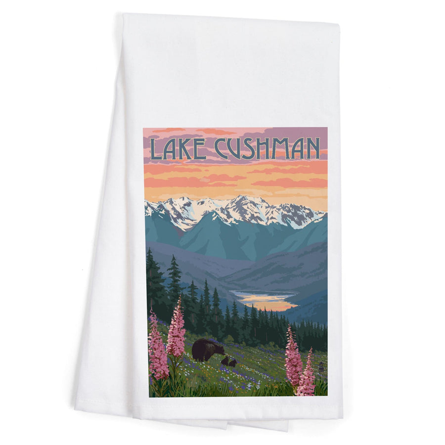 Lake Cushman, Washington, Bear and Spring Flowers, Organic Cotton Kitchen Tea Towels Kitchen Lantern Press 