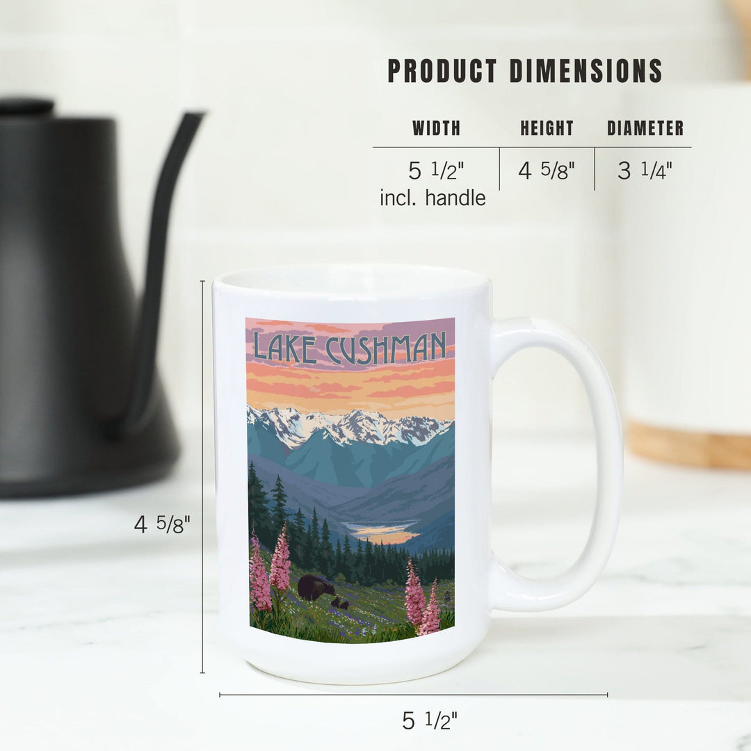 Lake Cushman, Washington, Bear & Spring Flowers, Lantern Press Artwork, Ceramic Mug Mugs Lantern Press 