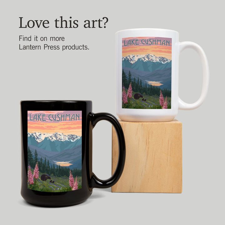 Lake Cushman, Washington, Bear & Spring Flowers, Lantern Press Artwork, Ceramic Mug Mugs Lantern Press 