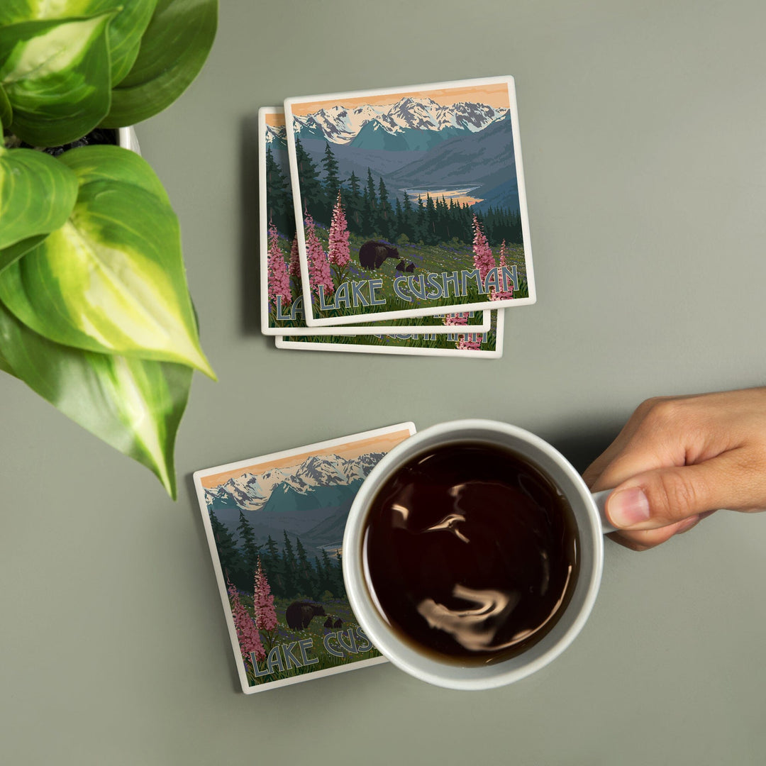 Lake Cushman, Washington, Bear & Spring Flowers, Lantern Press Artwork, Coaster Set - Lantern Press