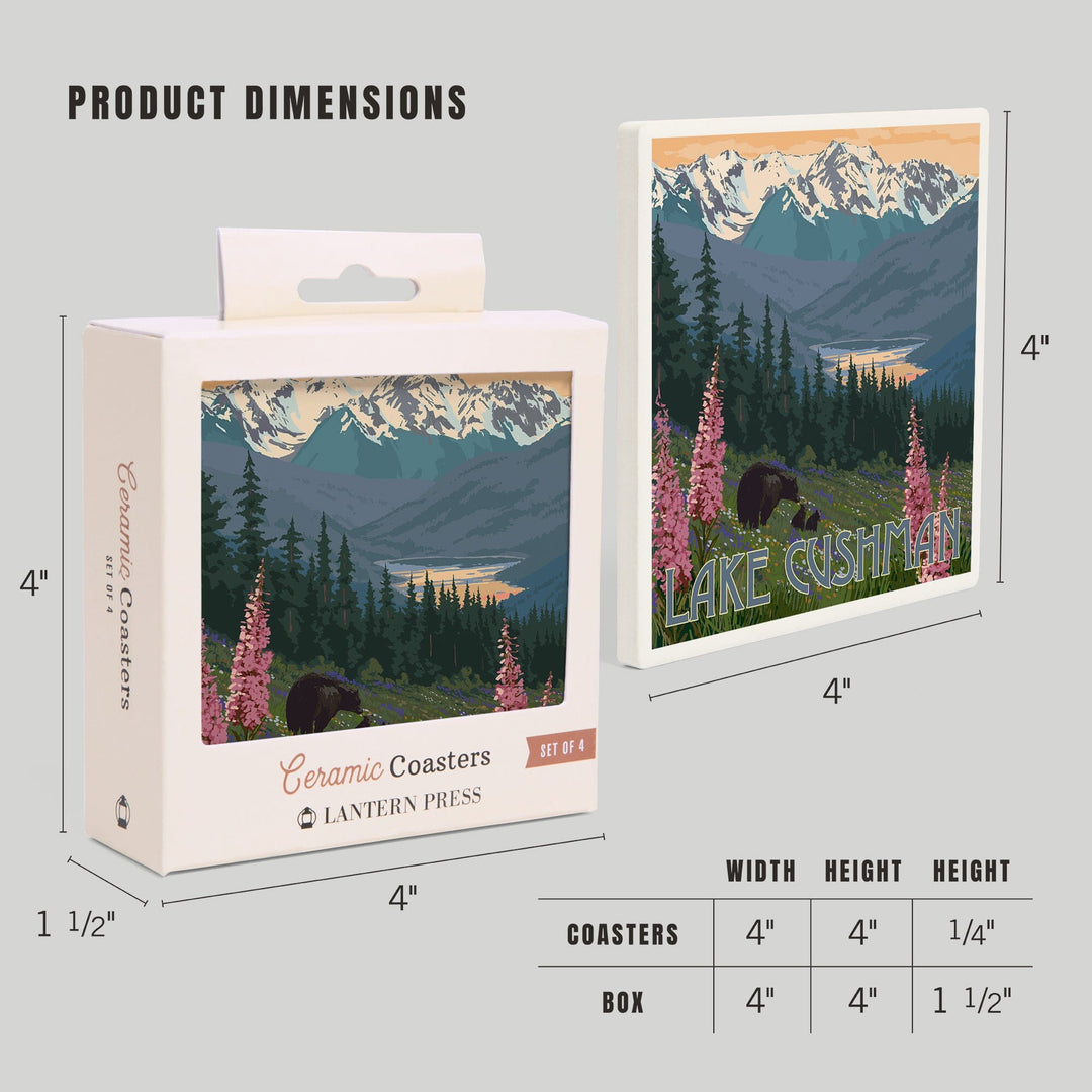 Lake Cushman, Washington, Bear & Spring Flowers, Lantern Press Artwork, Coaster Set - Lantern Press