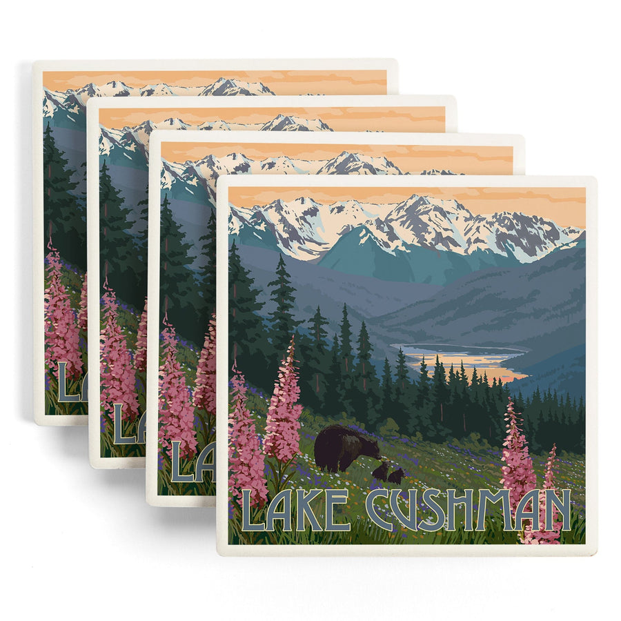 Lake Cushman, Washington, Bear & Spring Flowers, Lantern Press Artwork, Coaster Set - Lantern Press