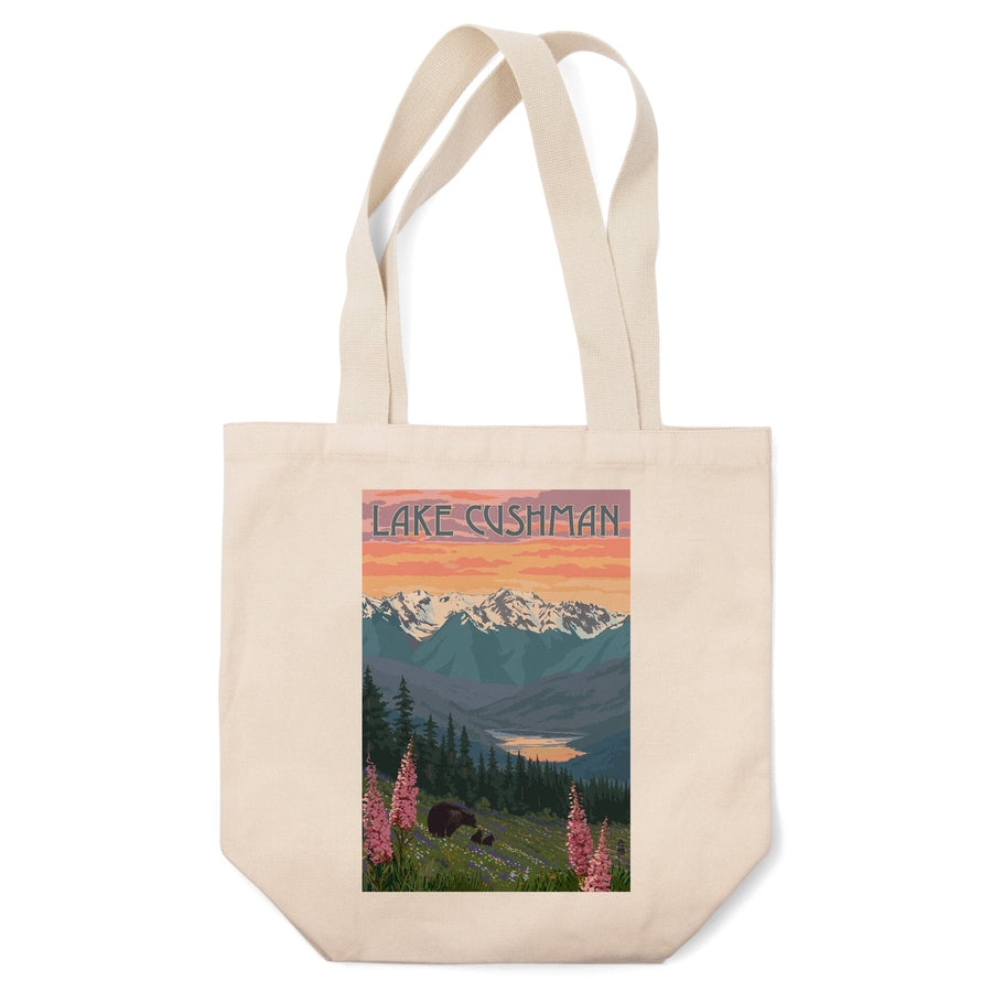 Lake Cushman, Washington, Bear & Spring Flowers, Lantern Press Artwork, Tote Bag Totes Lantern Press 