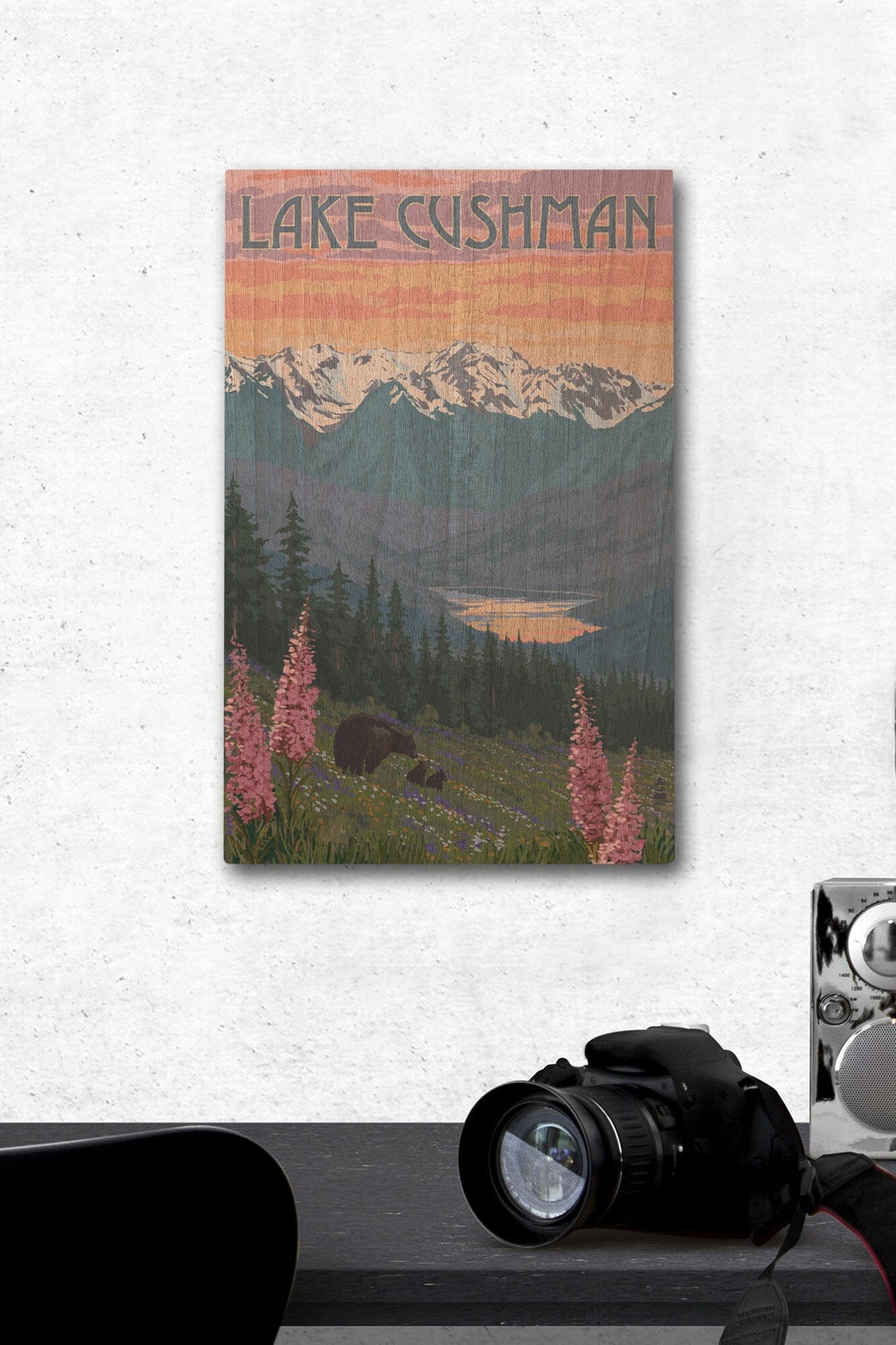 Lake Cushman, Washington, Bear & Spring Flowers, Lantern Press Artwork, Wood Signs and Postcards Wood Lantern Press 12 x 18 Wood Gallery Print 