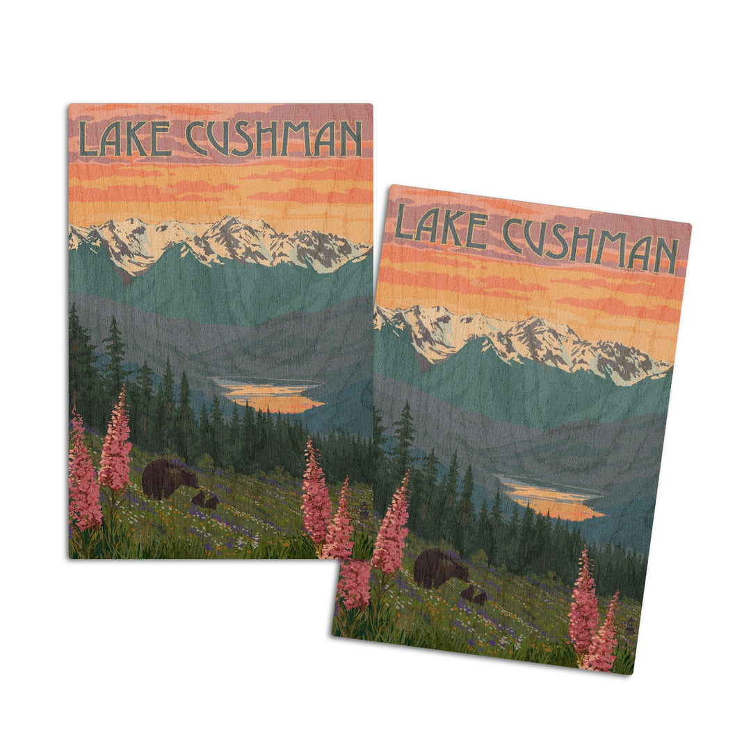 Lake Cushman, Washington, Bear & Spring Flowers, Lantern Press Artwork, Wood Signs and Postcards Wood Lantern Press 4x6 Wood Postcard Set 