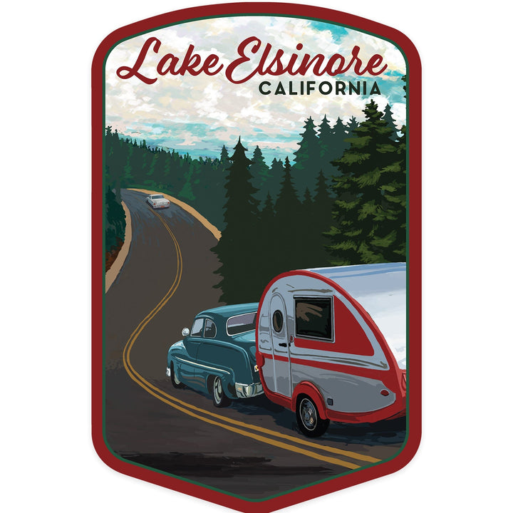 Lake Elsinore, California, Retro Camper on Road, Contour, Vinyl Sticker - Lantern Press