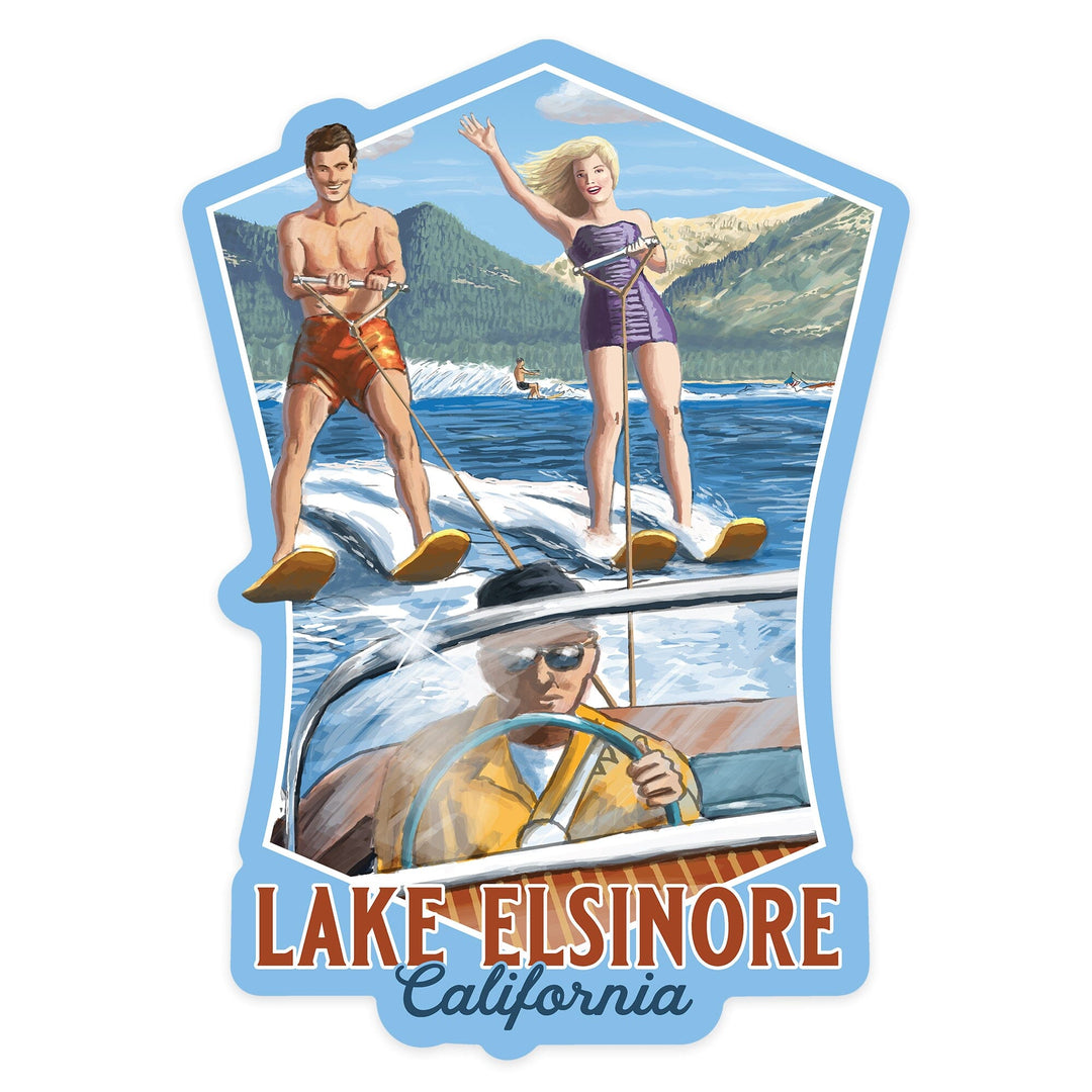 Lake Elsinore, California, Water Skiing Scene, Contour, Lantern Press Artwork, Vinyl Sticker - Lantern Press