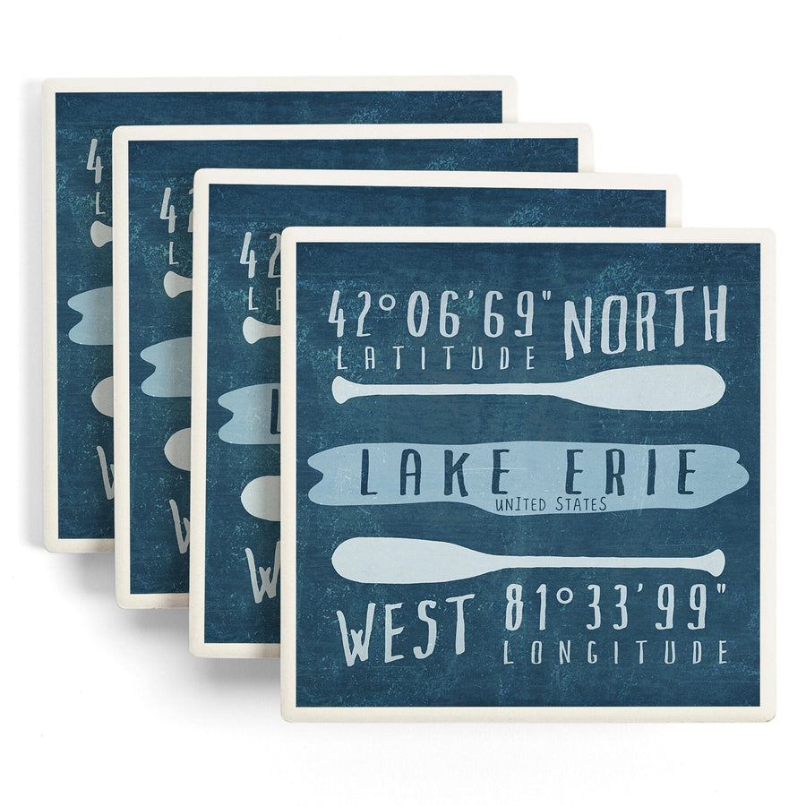 Lake Erie, United States, Lake Essentials, Latitude & Longitude, Lantern Press Artwork, Coaster Set - Lantern Press