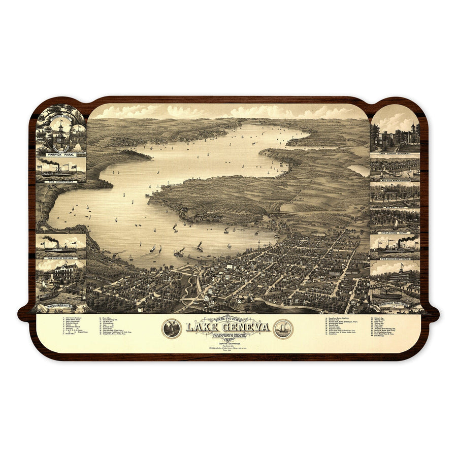 Lake Geneva, Wisconsin, (1882), Panoramic Map, Contour, Vintage Map, Vinyl Sticker - Lantern Press