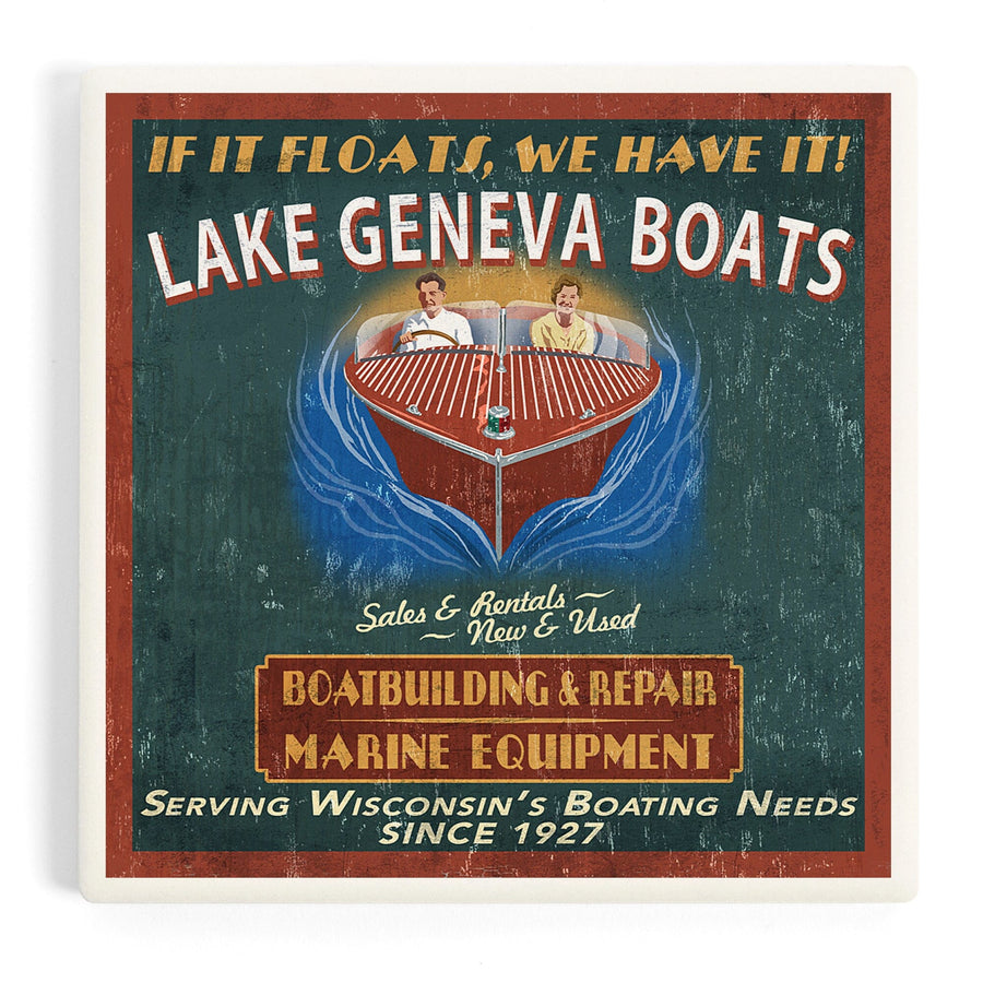 Lake Geneva, Wisconsin, Boat Shop Vintage Sign, Coasters Coasters Lantern Press 