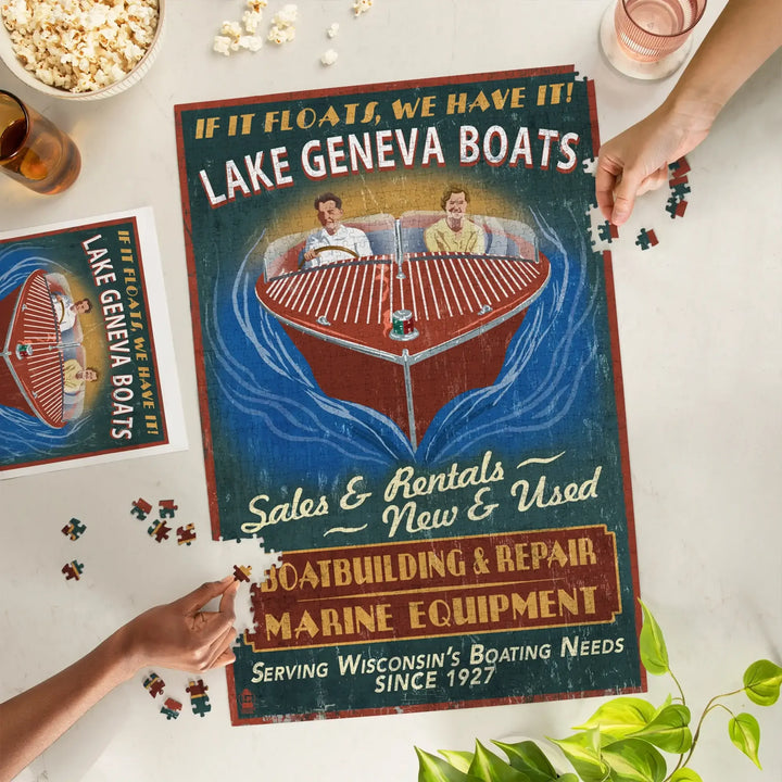Lake Geneva, Wisconsin, Boat Shop Vintage Sign, Jigsaw Puzzle Puzzle Lantern Press 