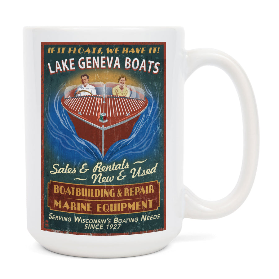 Lake Geneva, Wisconsin, Boat Shop Vintage Sign, Lantern Press Poster, Ceramic Mug Mugs Lantern Press 