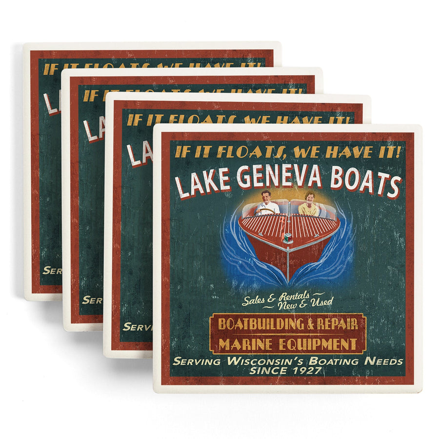 Lake Geneva, Wisconsin, Boat Shop Vintage Sign, Lantern Press Poster, Coaster Set - Lantern Press