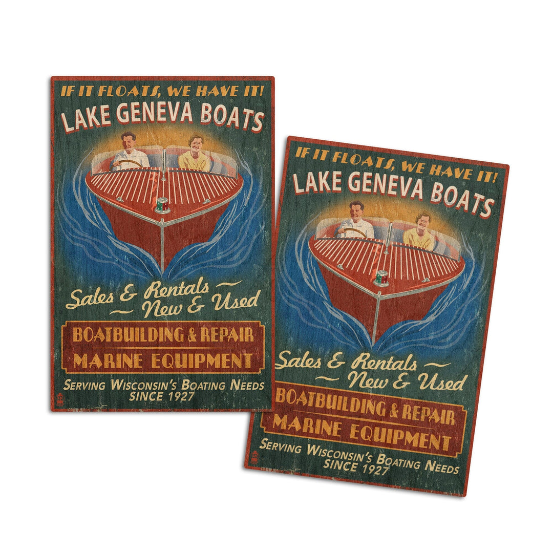 Lake Geneva, Wisconsin, Boat Shop Vintage Sign, Lantern Press Poster, Wood Signs and Postcards Wood Lantern Press 4x6 Wood Postcard Set 