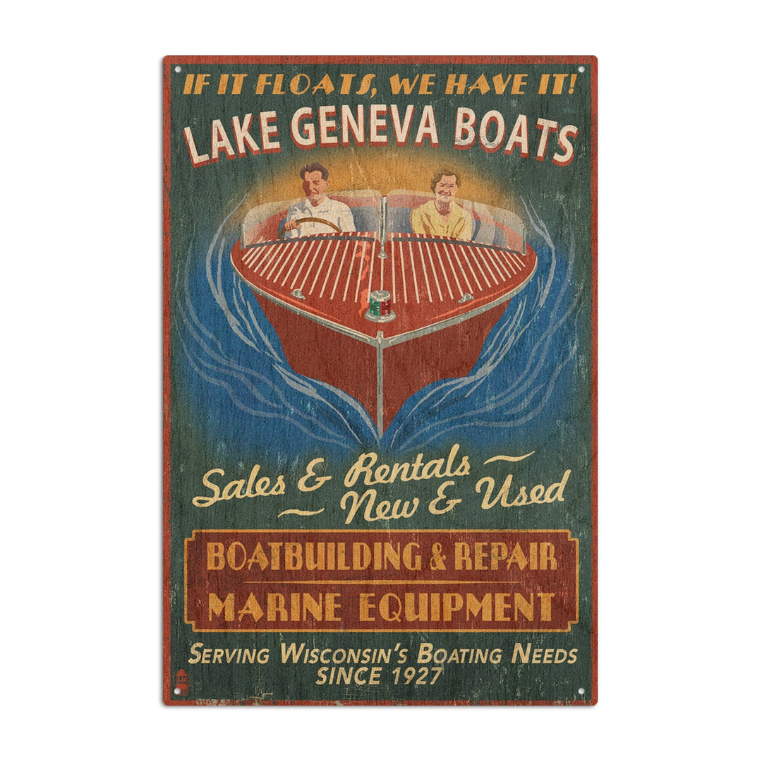 Lake Geneva, Wisconsin, Boat Shop Vintage Sign, Lantern Press Poster, Wood Signs and Postcards Wood Lantern Press 6x9 Wood Sign 
