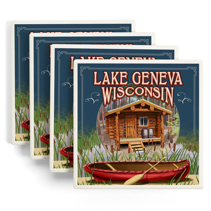 Lake Geneva, Wisconsin, Cabin in Woods, Coasters Coasters Lantern Press 